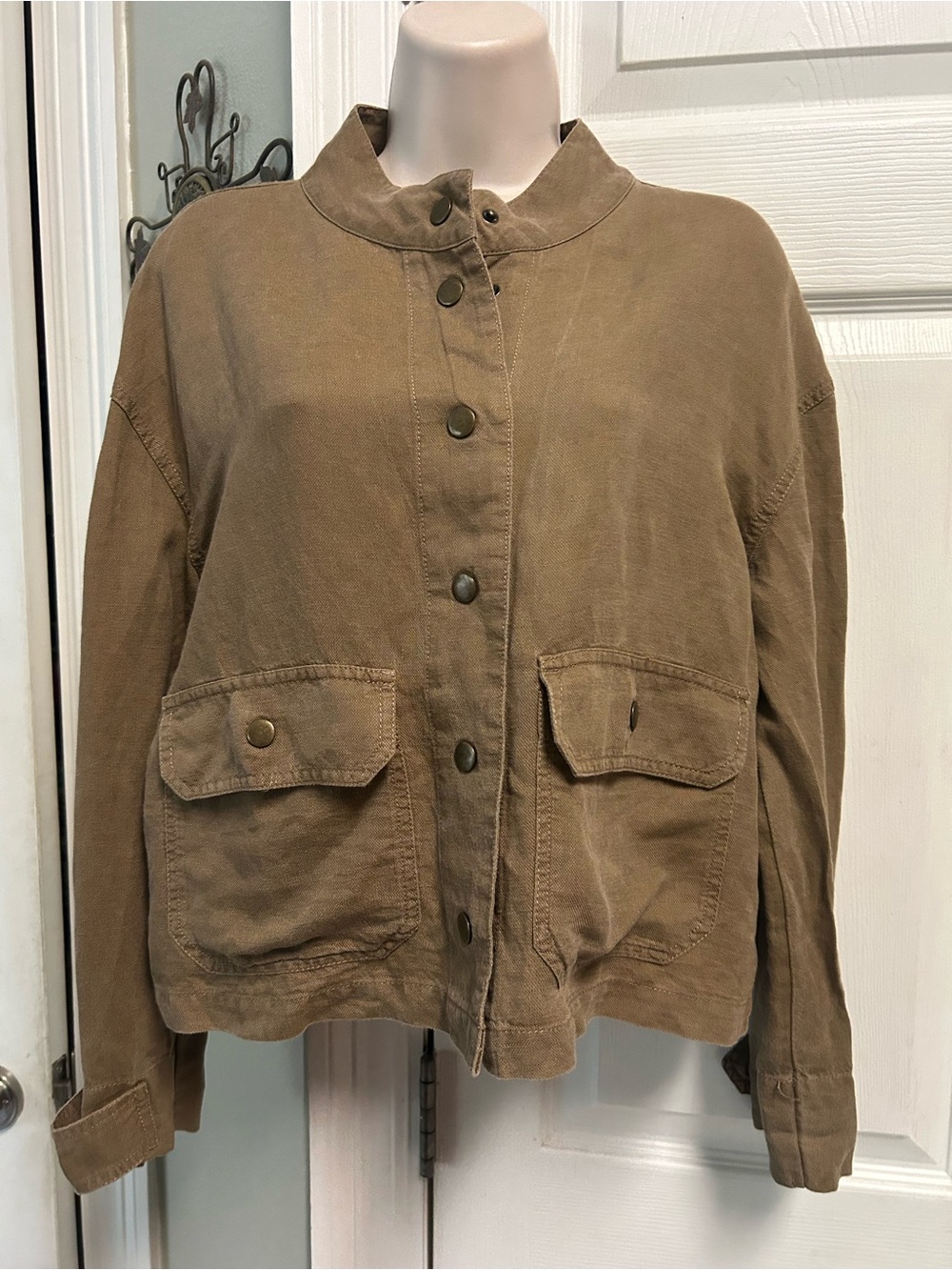 Nicole Miller Women's Linen Blend Brown Utility Button-Front Jacket Relaxed